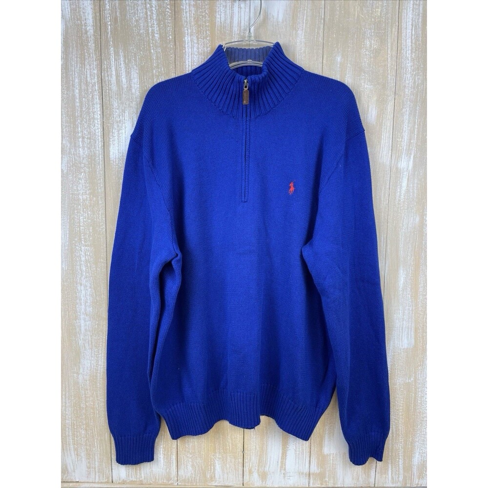 NWT Polo Ralph Lauren 1/4 Zip Pullover Sweater Mens X-Large Royal Blue Red Pony